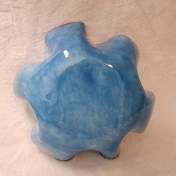 Handmade Ceramic Dish Glazed Blue with Pink Flowers 7" Unique Wavy Edge Bowl - Picture 3 of 14